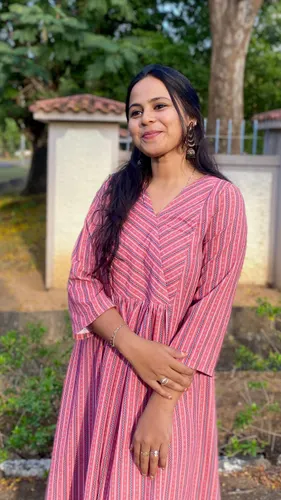 Pink Striped V-Neck A-Line Kurti